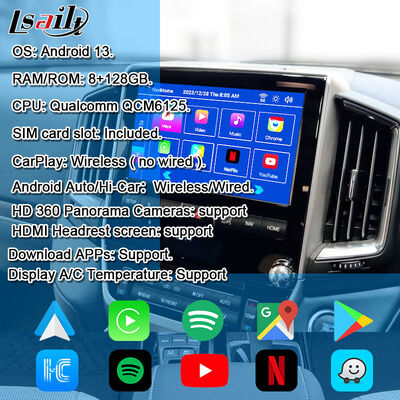 Interfaz de video multimedia Android 13 para Land Cruiser LC200 VXR VX GXL Sahara V8 2013-2021 Actualización de pantalla OEM con CarPlay inalámbrico, YouTube